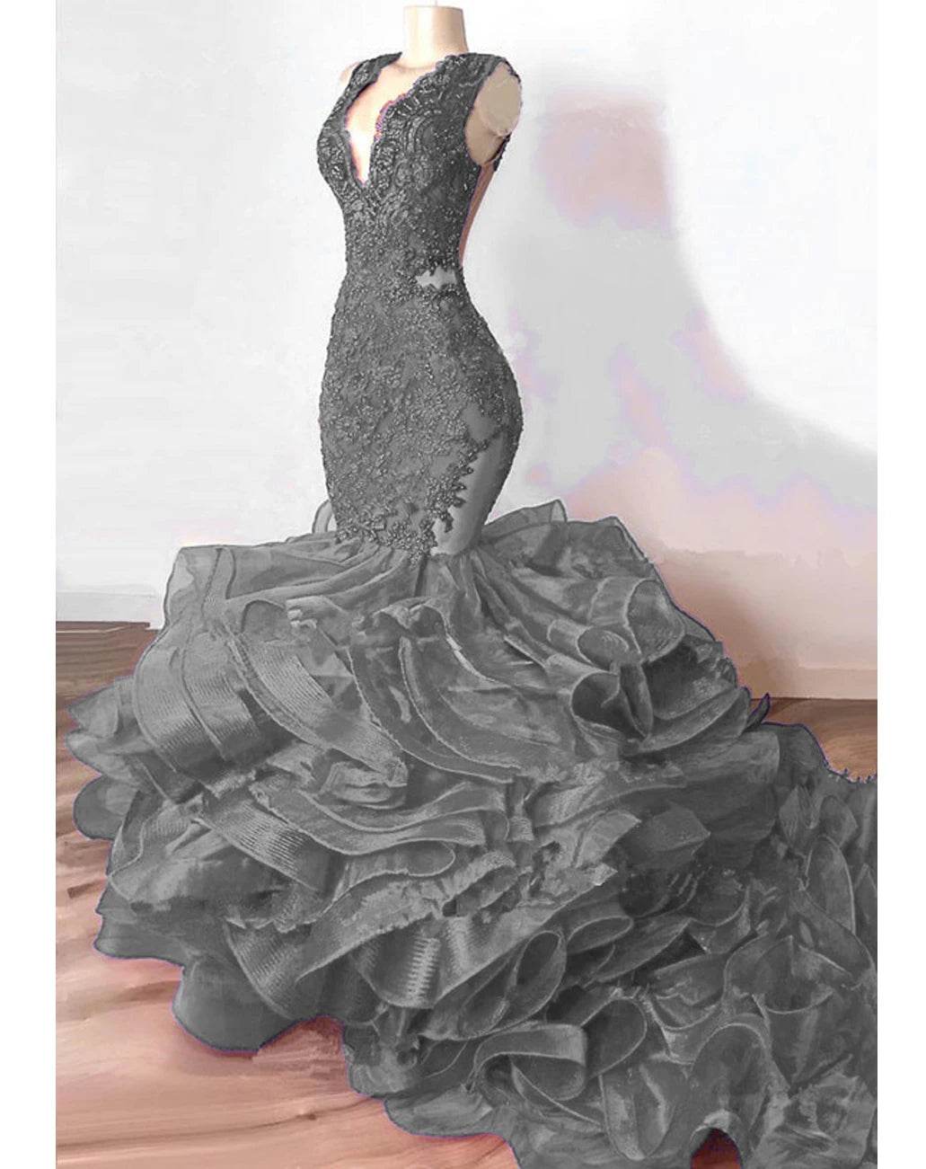Luxury Royal Blue Lace Beaded Mermaid Dress - Ruffled Evening Gown - Buy Center UK