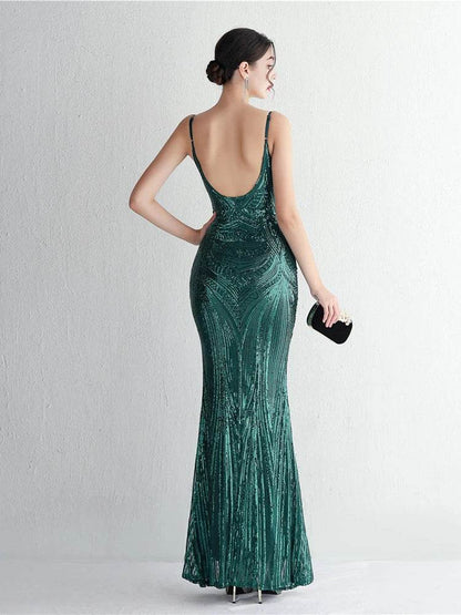 HBLL Sexy V Neck Maxi Dress - Purple Sequin Evening Gown for Parties - Buy Center UK