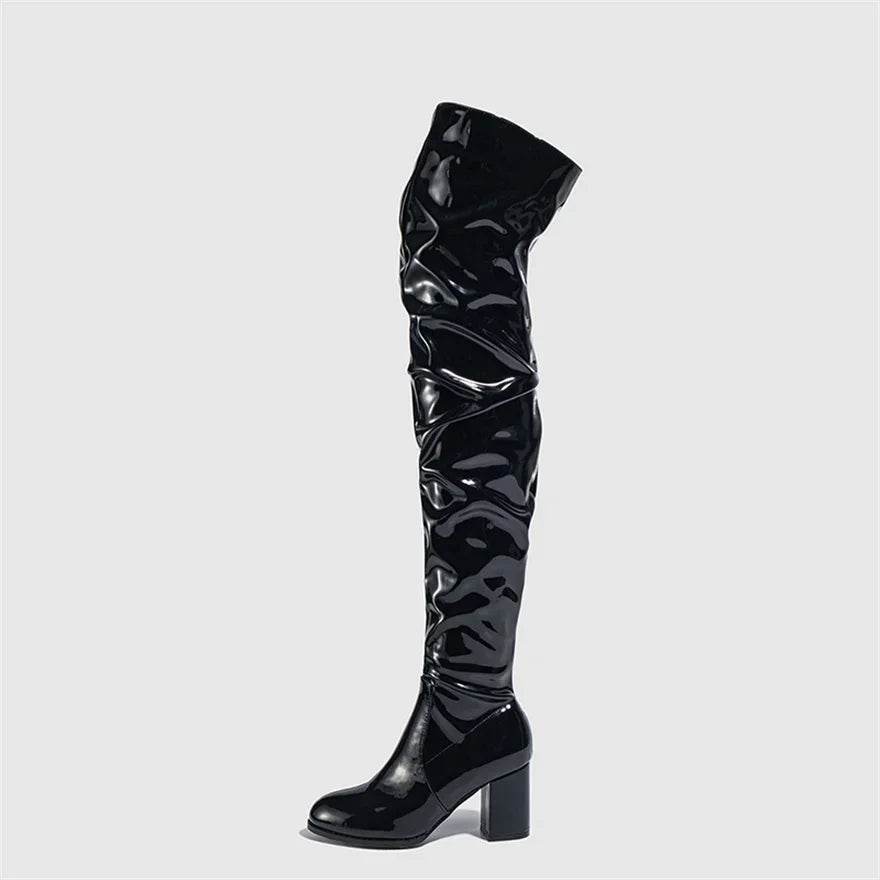 Buy Center Women's Over The Knee Boots - Patent Leather, Square Heel - Buy Center UK