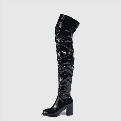 Buy Center Women's Over The Knee Boots - Patent Leather, Square Heel - Buy Center UK