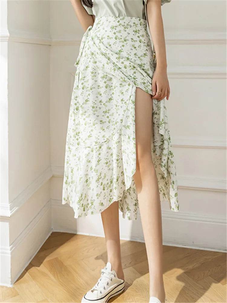 REALEFT Vintage Floral A-line Skirt - High Waist Midi Length - Buy Center UK