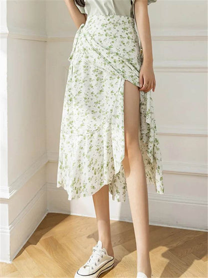 REALEFT Vintage Floral A-line Skirt - High Waist Midi Length - Buy Center UK