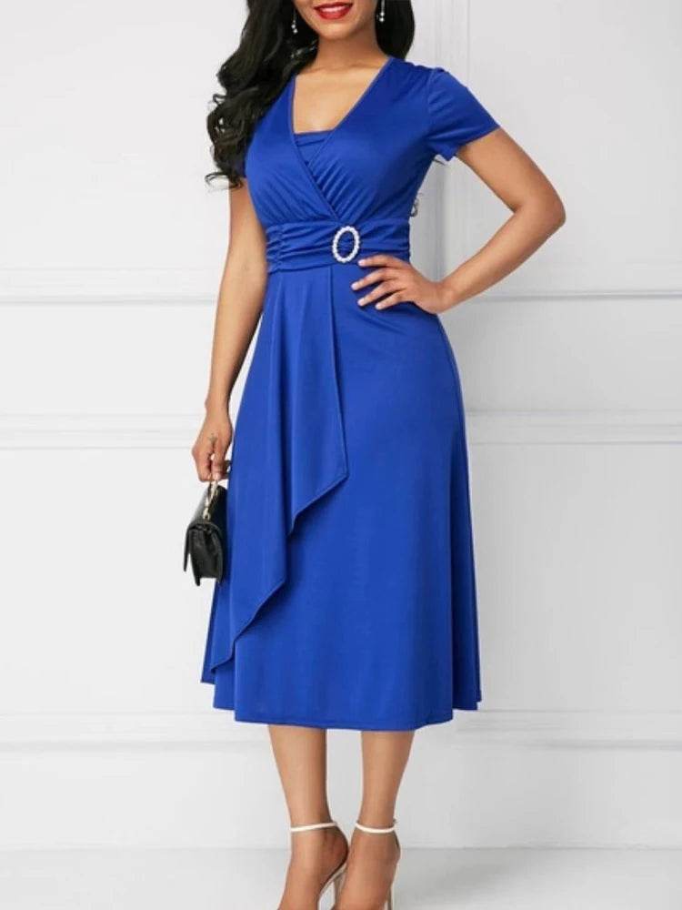 Elegant Summer Midi Dress - Women’s V Neck Asymmetric Hem Style - Buy Center UK