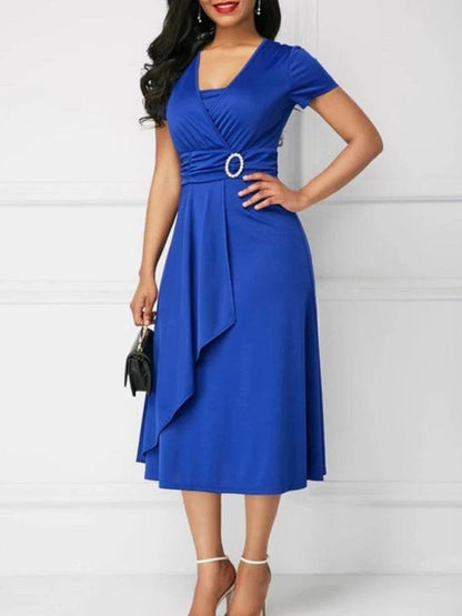 Elegant Summer Midi Dress - Women’s V Neck Asymmetric Hem Style - Buy Center UK