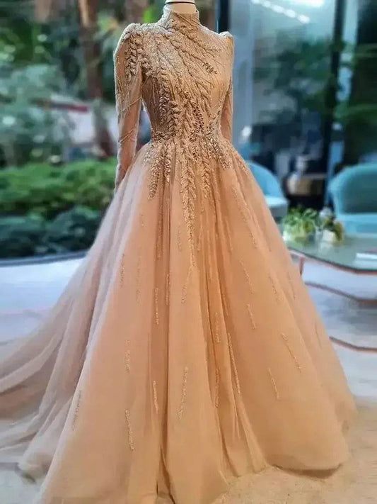 Elegant Dubai Muslim Prom Dress - High Neck Lace Applique Gown - Buy Center UK