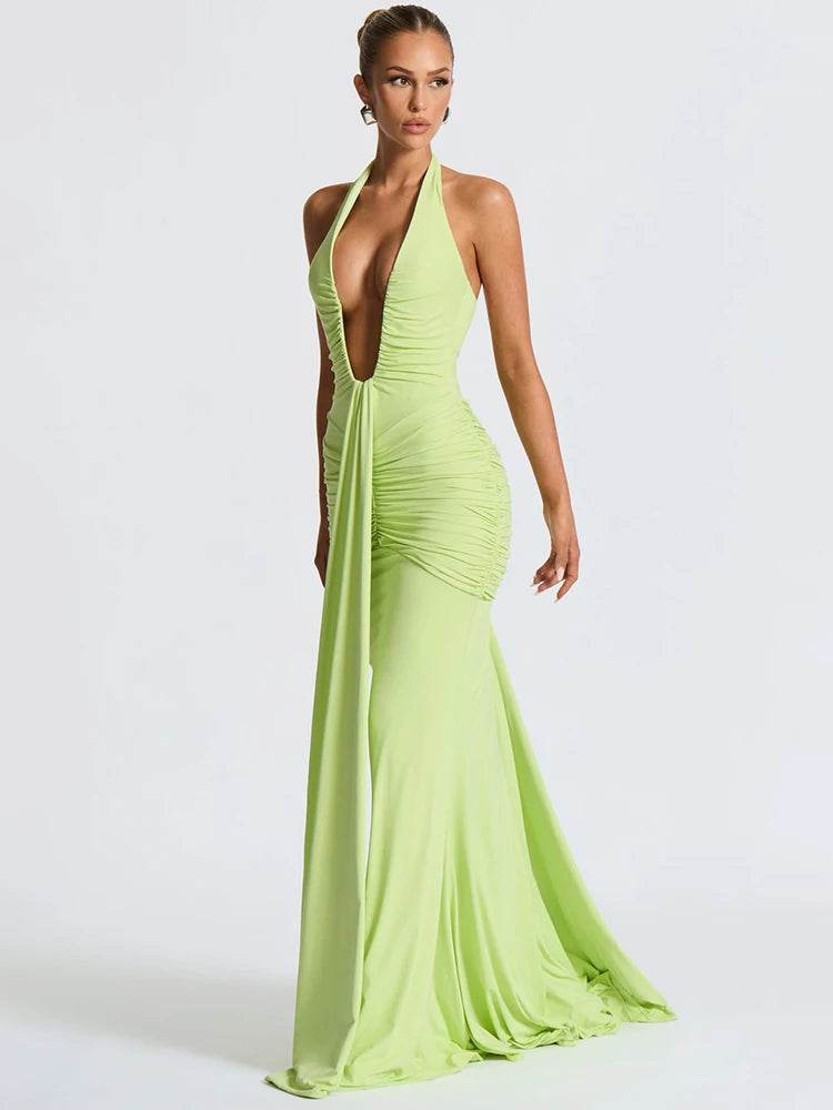 Mozision Sexy Deep V Neck Backless Maxi Dress - Halter Gown for Women - Buy Center UK