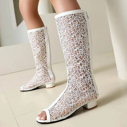 Women's Peep Toe Knee High Boots - Plus Size 45, Chunky Heels - Buy Center UK
