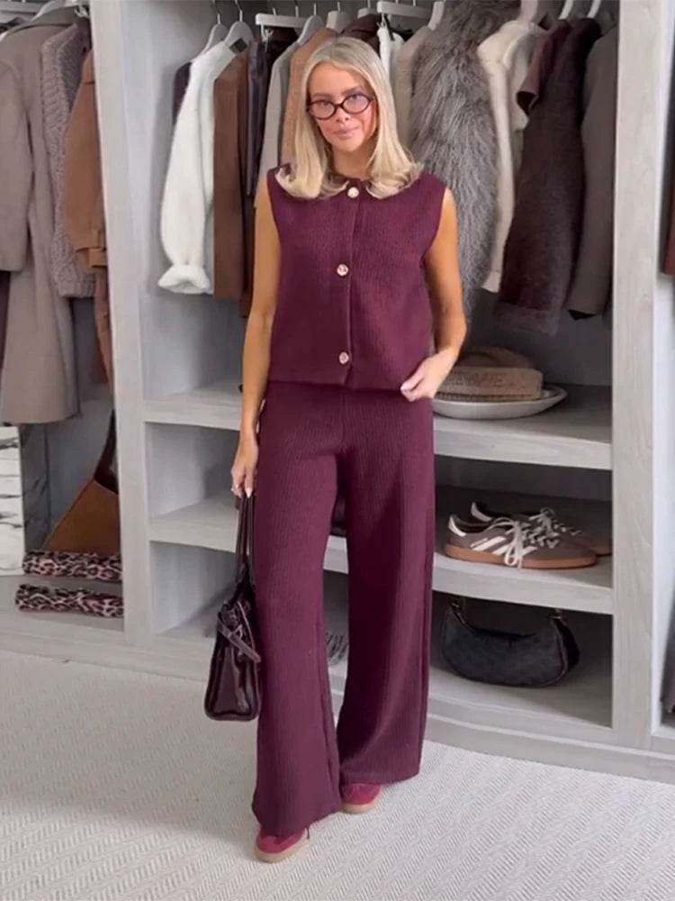 Elegant Burgundy Knitted Tank Top & Wide Leg Pants Set for Women - Buy Center UK
