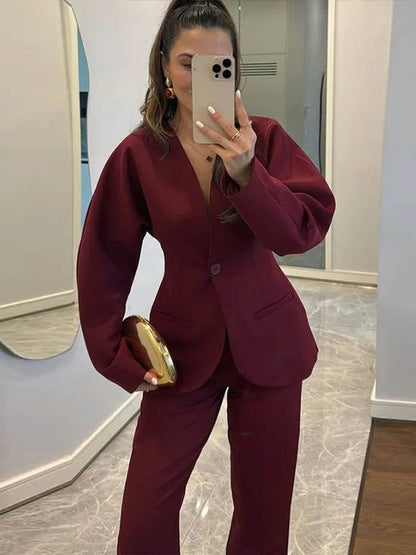 Elegant Blazer Pants Set for Women - Deep V-neck, Shoulder Pads - Buy Center UK