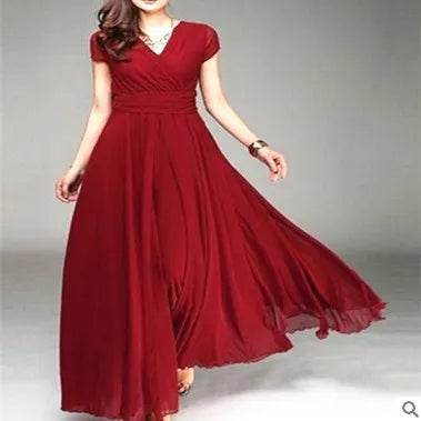 Elegant Women's Short-Sleeved Chiffon Dress - Floor-Length Bohemian Style - Buy Center UK