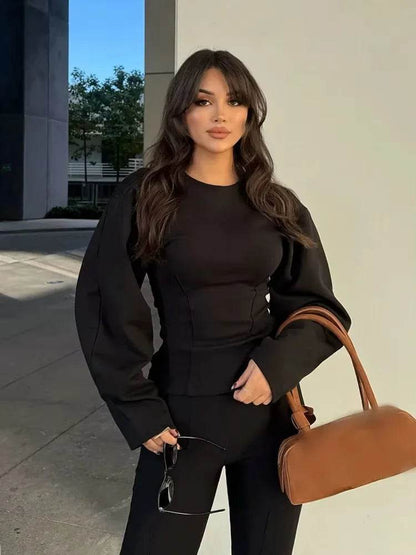 Elegant Women's Two-Piece Set - High Waist Wide Leg Trousers - Buy Center UK