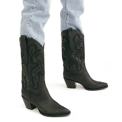Buy Center Women's Embroidered Knee High Cowboy Boots - Chunky Heel - Buy Center UK