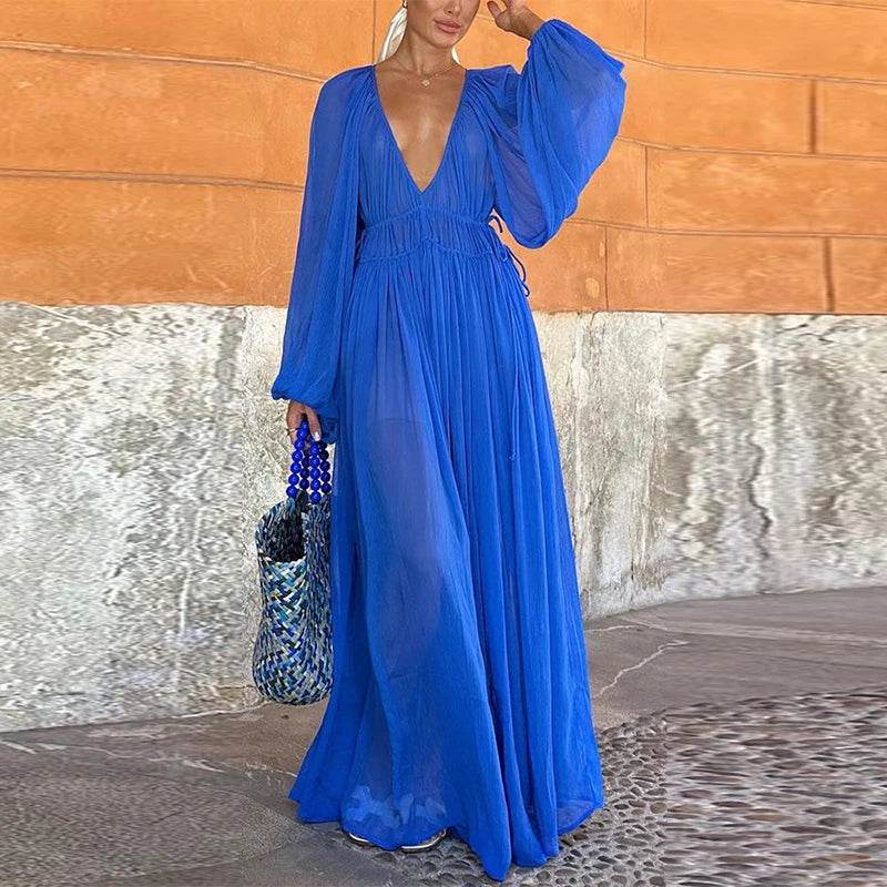 Elegant Lantern Sleeve Beach Dress - Summer O-neck Chic Style - Buy Center UK