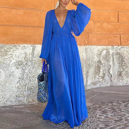 Elegant Lantern Sleeve Beach Dress - Summer O-neck Chic Style - Buy Center UK