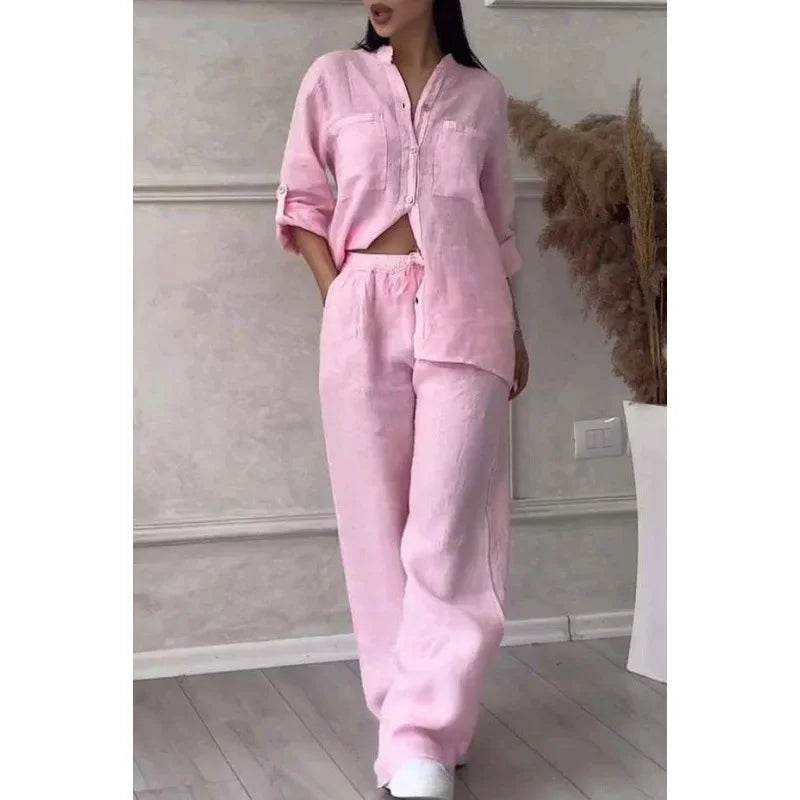 Buy Center Women's Linen Drawstring Shirt & Wide Leg Pants Set - Buy Center UK