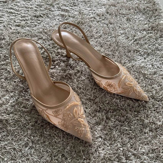 Women’s Mesh Embroidered High Heels - Slingback Pointed Toe Mules - Buy Center UK