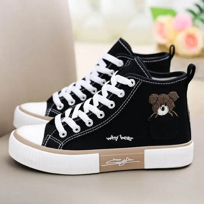 Canvas Women's Cute Bear Shoes - High Top, Pocket Design, Stylish - Buy Center UK