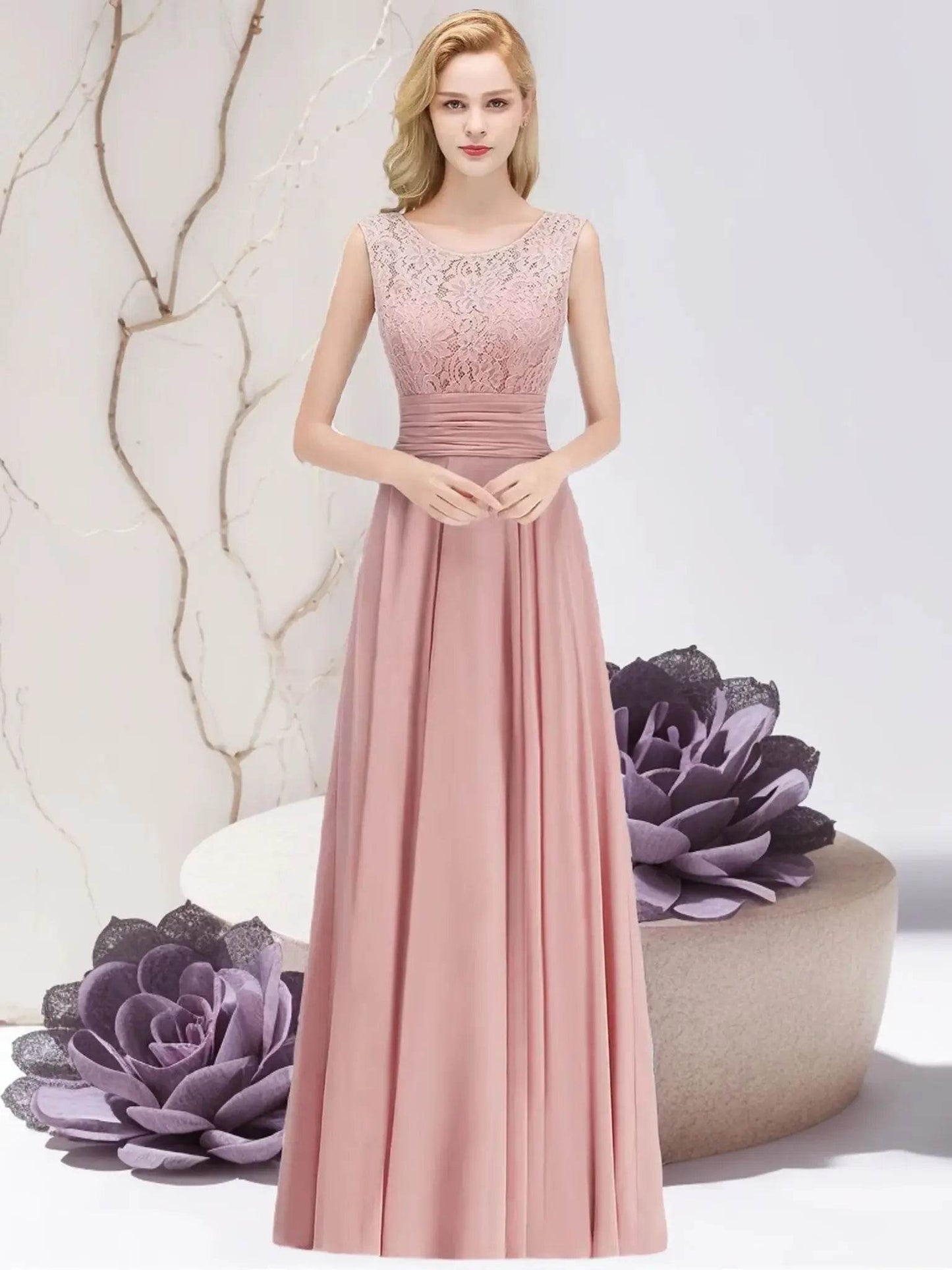 MisShow Sleeveless Lace A-Line Bridesmaids Dress - Elegant Chiffon Gown - Buy Center UK