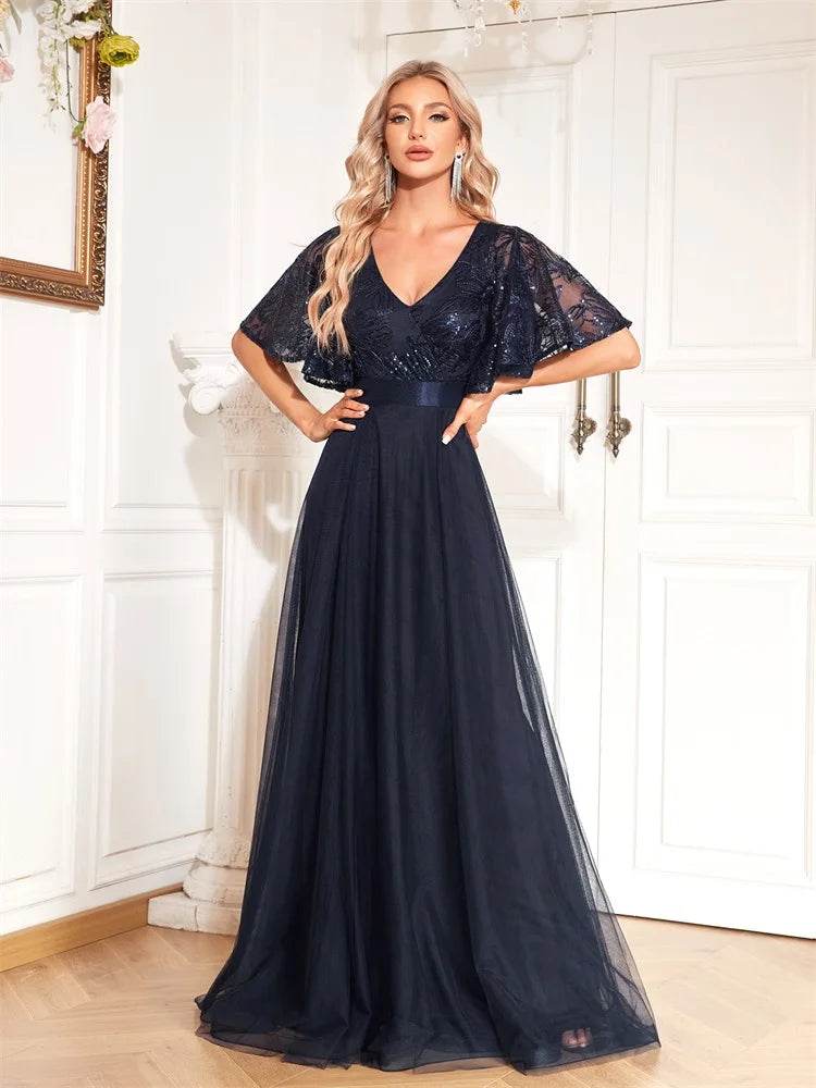 Luxury Blue V-Neck Sequins Evening Dress - Elegant Floor-Length Gown - Buy Center UK