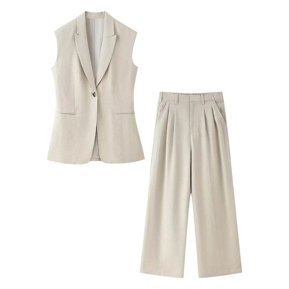 PB&ZA Women's Sleek Beige Blazer & Wide Leg Pants Set for Summer - Buy Center UK