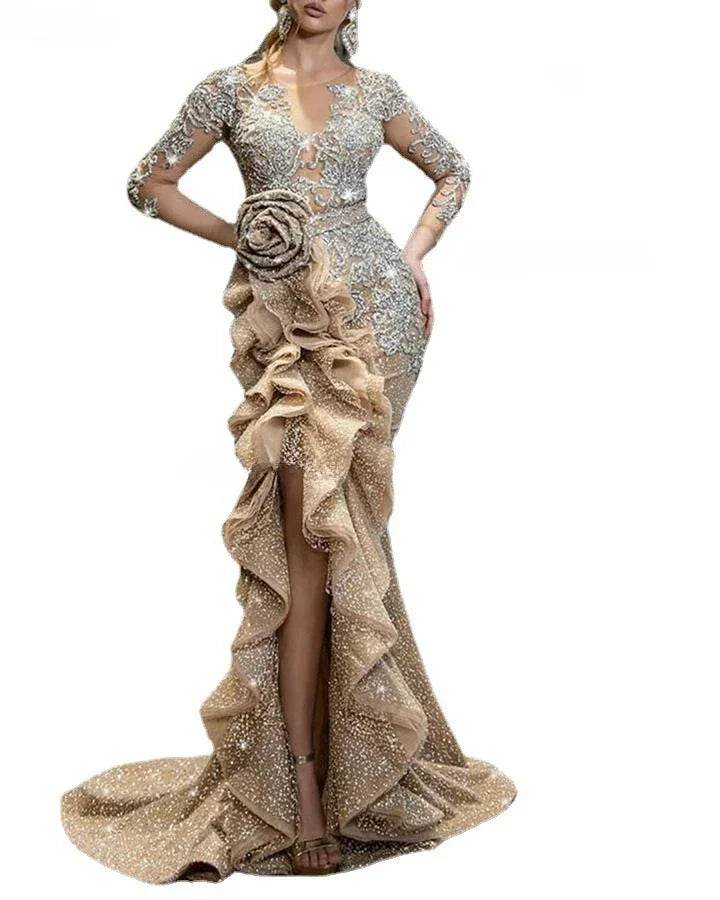 Buy Center Sexy Gold Bling Dress - Long Sleeve Lace & Sequin Elegance - Buy Center UK