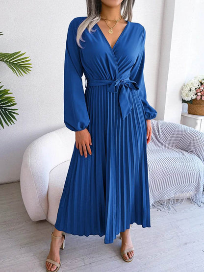 Buy Center Women’s Elegant V Neck Maxi Dress - Long Sleeve & Pleated - Buy Center UK