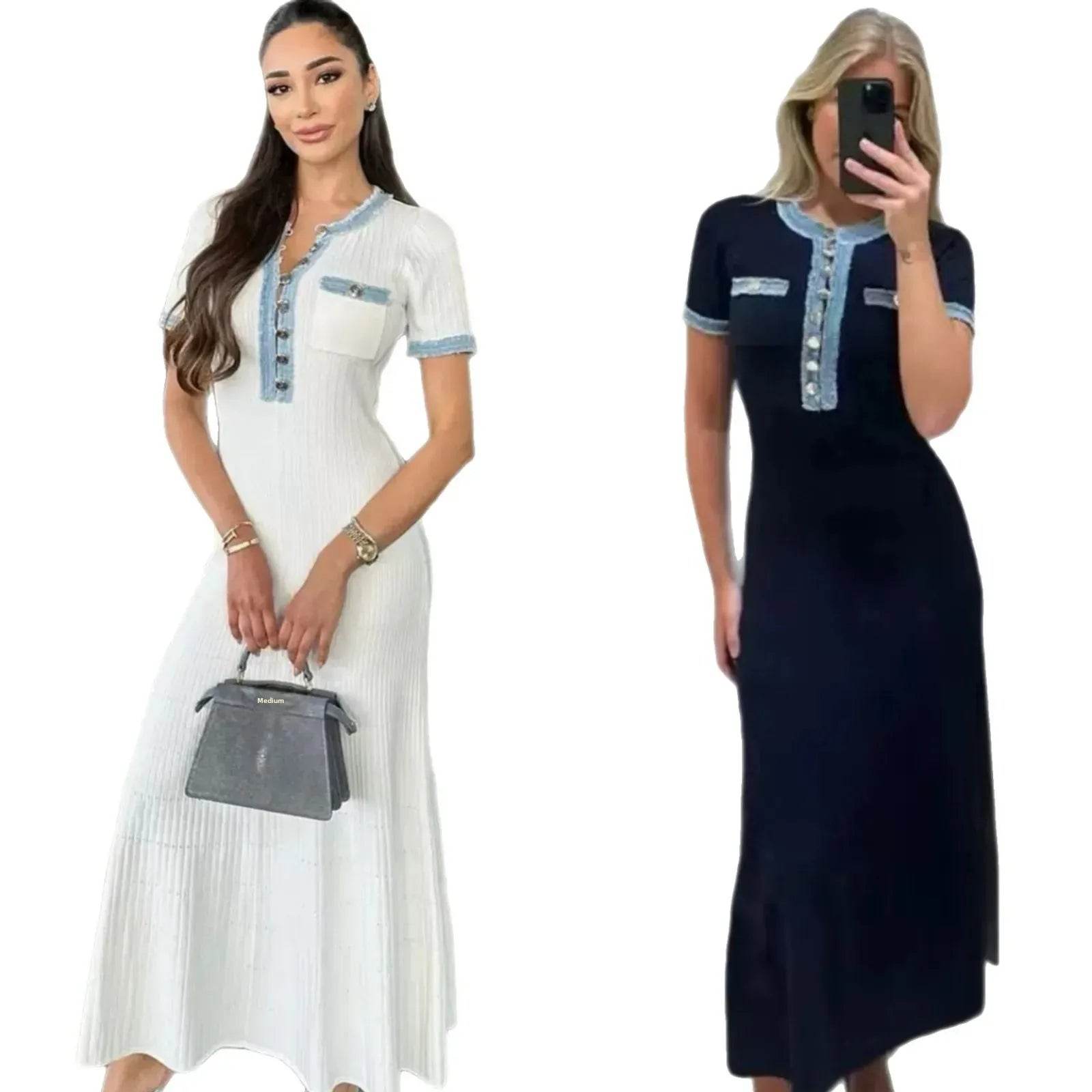 Buy Center Cotton Knitted Dress - Fringe Splicing, Knee-Length Style - Buy Center UK
