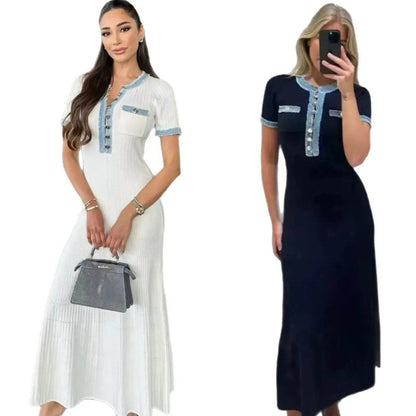 Buy Center Cotton Knitted Dress - Fringe Splicing, Knee-Length Style - Buy Center UK