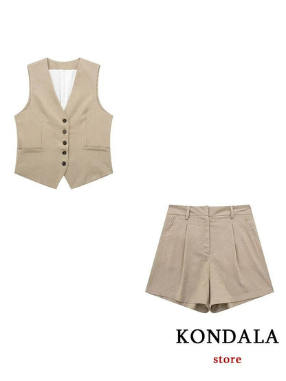 TRAFZA Casual Women Suits - V Neck Blazer & Wide Leg Shorts - Buy Center UK