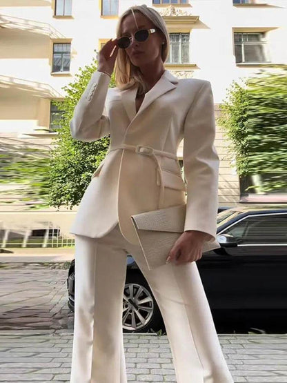 Women's Blazer Suit Trouser Set - High Waist Pants & Lace-Up Coat - Buy Center UK