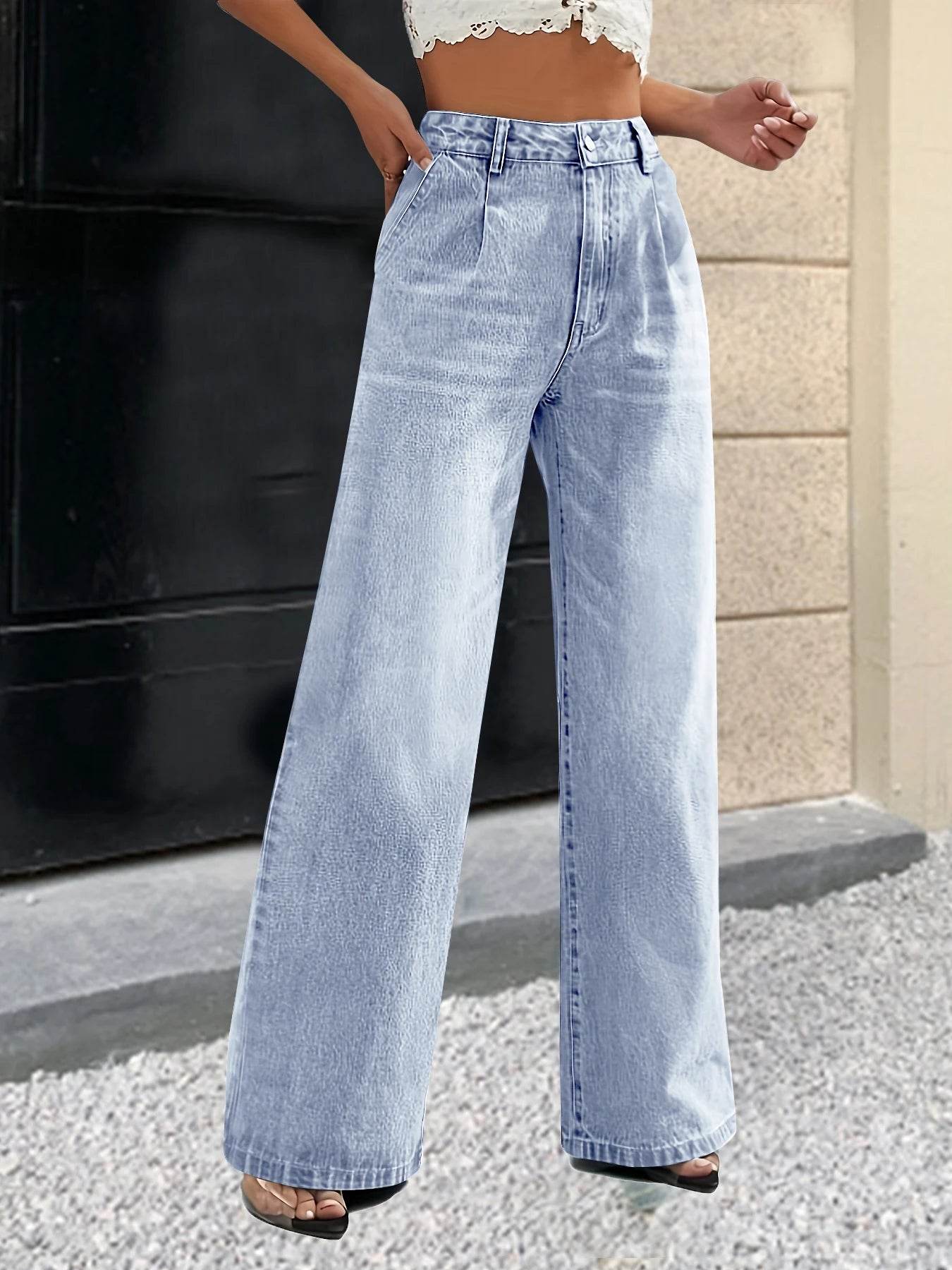 Buy Center Women's Solid Color Jeans - Wide Leg Casual Style - Buy Center UK
