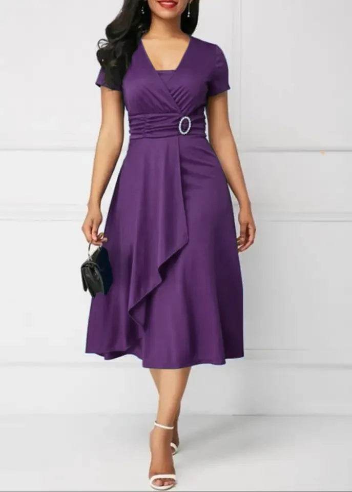 Elegant Summer Midi Dress - Women’s V Neck Asymmetric Hem Style - Buy Center UK