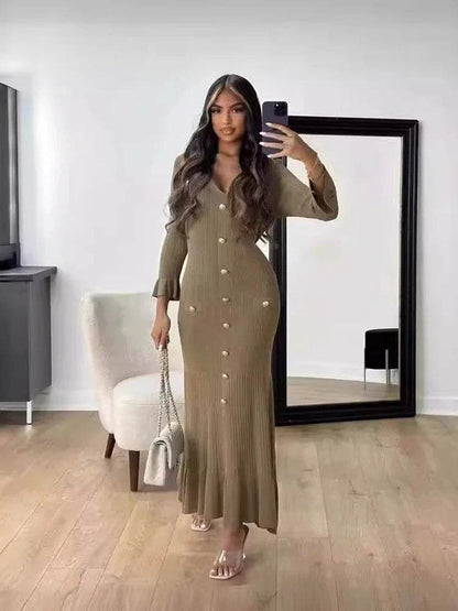 Elegant Knitted Long Dress for Women - V-Neck Flare Sleeve Style - Buy Center UK