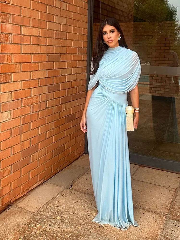 Buy Center Irregular Blue Pleated Long Dress - Elegant A-line Style - Buy Center UK