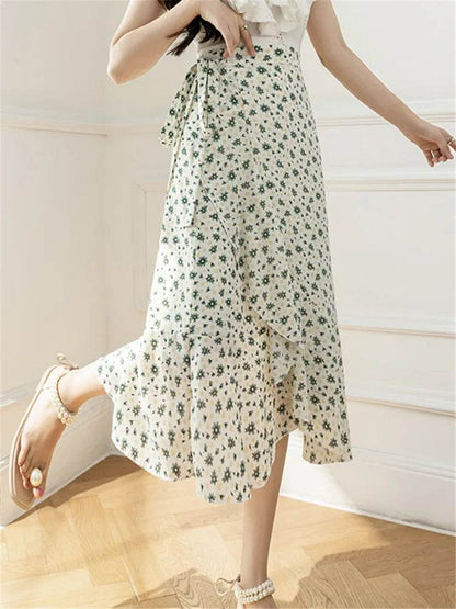 REALEFT Vintage Floral A-line Skirt - High Waist Midi Length - Buy Center UK