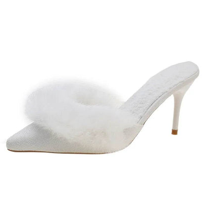 Buy Center Faux Fur Mules Slippers - Pointed Toe, Thin Heels - Buy Center UK