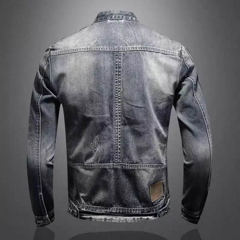 Trendy Stand Collar Zip-Up Denim Jacket for Men - Vintage Style - Buy Center UK