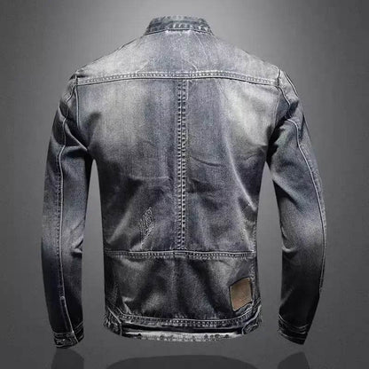 Trendy Stand Collar Zip-Up Denim Jacket for Men - Vintage Style - Buy Center UK