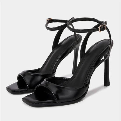 Elegant Black Patent Leather Heeled Sandals - Ankle Strap Design - Buy Center UK