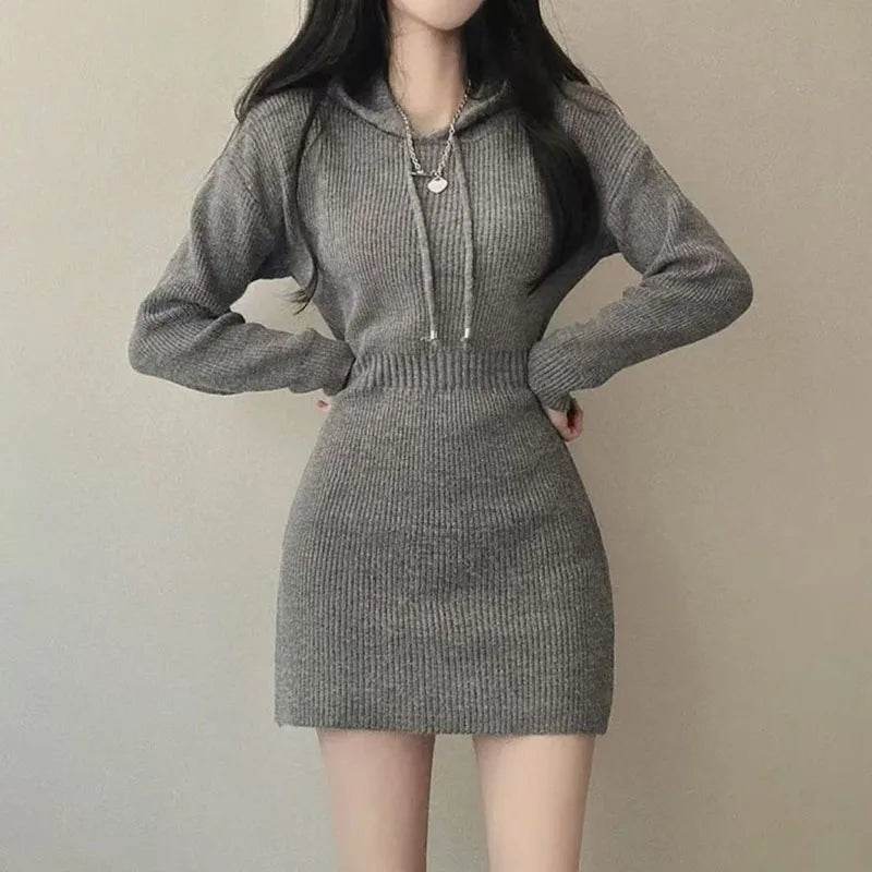 Buy Center Sexy White Knit Mini Dress - Hooded, High Waist, Long Sleeve - Buy Center UK