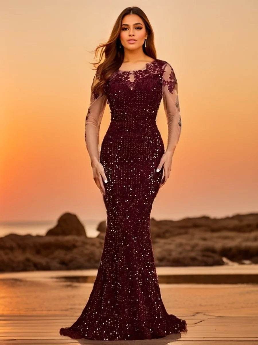 Romagic O Neck Long Sleeve Floral Sequin Dress - Elegant Party Wear - Buy Center UK