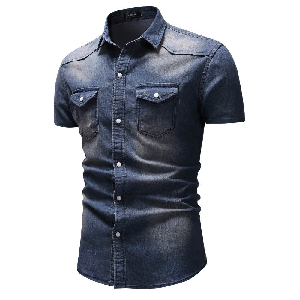 Buy Center Men's Slim Fit Denim Shirt - Short Sleeve Casual Top - Buy Center UK
