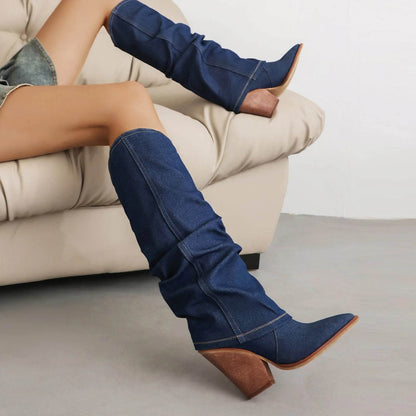 Buy Center Denim Knee High Boots - Super High Spike Heel Fashion - Buy Center UK