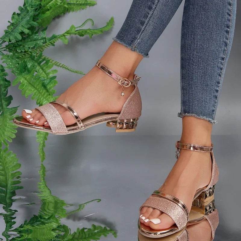 Women's Casual Ankle Strap Sandals - Open Toe Low Heels, Gold - Buy Center UK