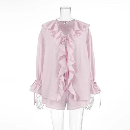 Tuularose Women's Casual Shorts Set - Ruffled Tie Top & Comfort Fit - Buy Center UK