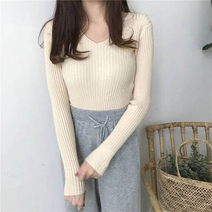 Women’s V-Neck Solid Sweater - Slim Fit Casual Knit Pullover - Buy Center UK