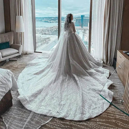 Customized Luxurious Ball Gown Wedding Dress - Long Sleeve Elegance - Buy Center UK