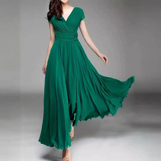Elegant Women's Short-Sleeved Chiffon Dress - Floor-Length Bohemian Style - Buy Center UK