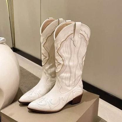YBQJOO Vintage Square Heel Cowboy Boots for Women - Embroidered Style - Buy Center UK