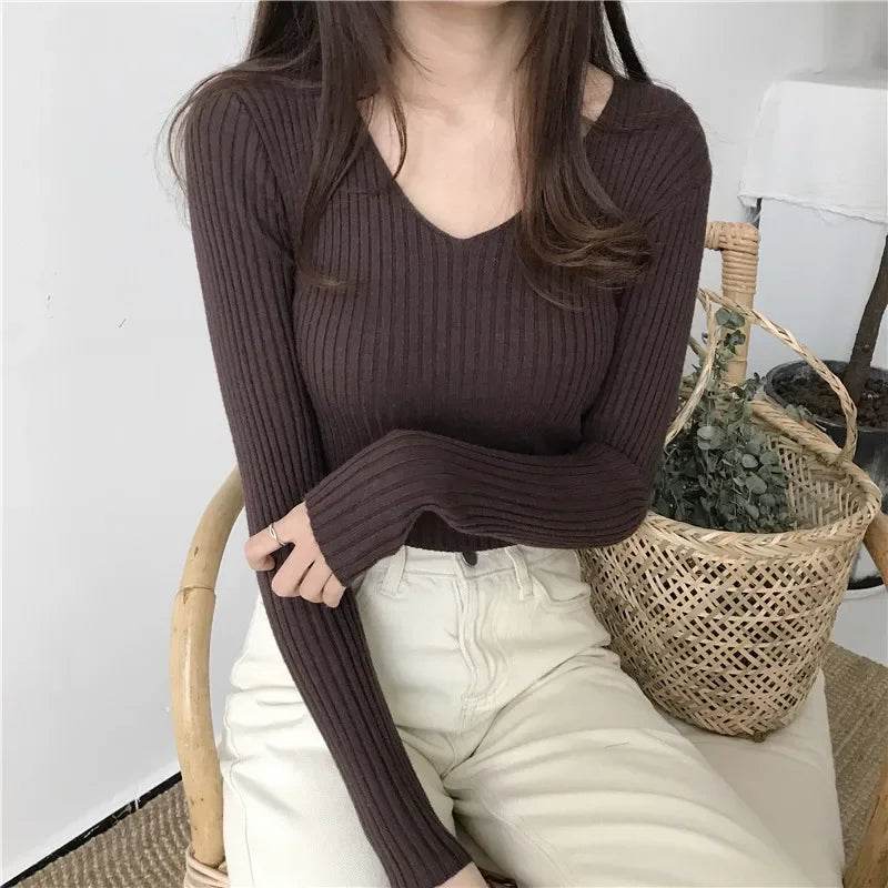 Buy Center Women’s V-Neck Solid Sweater - Slim Fit, Long Sleeves - Buy Center UK